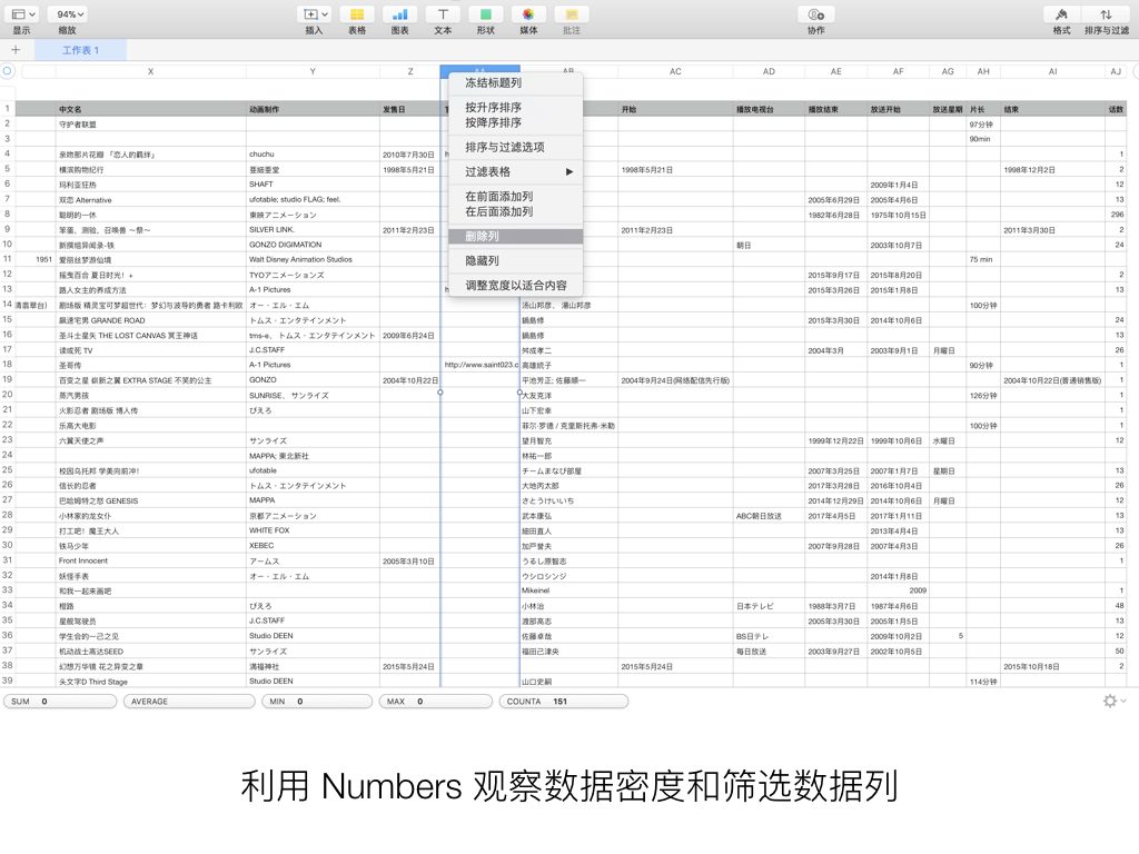 利用 Numbers 观察数据密度和筛选数据列